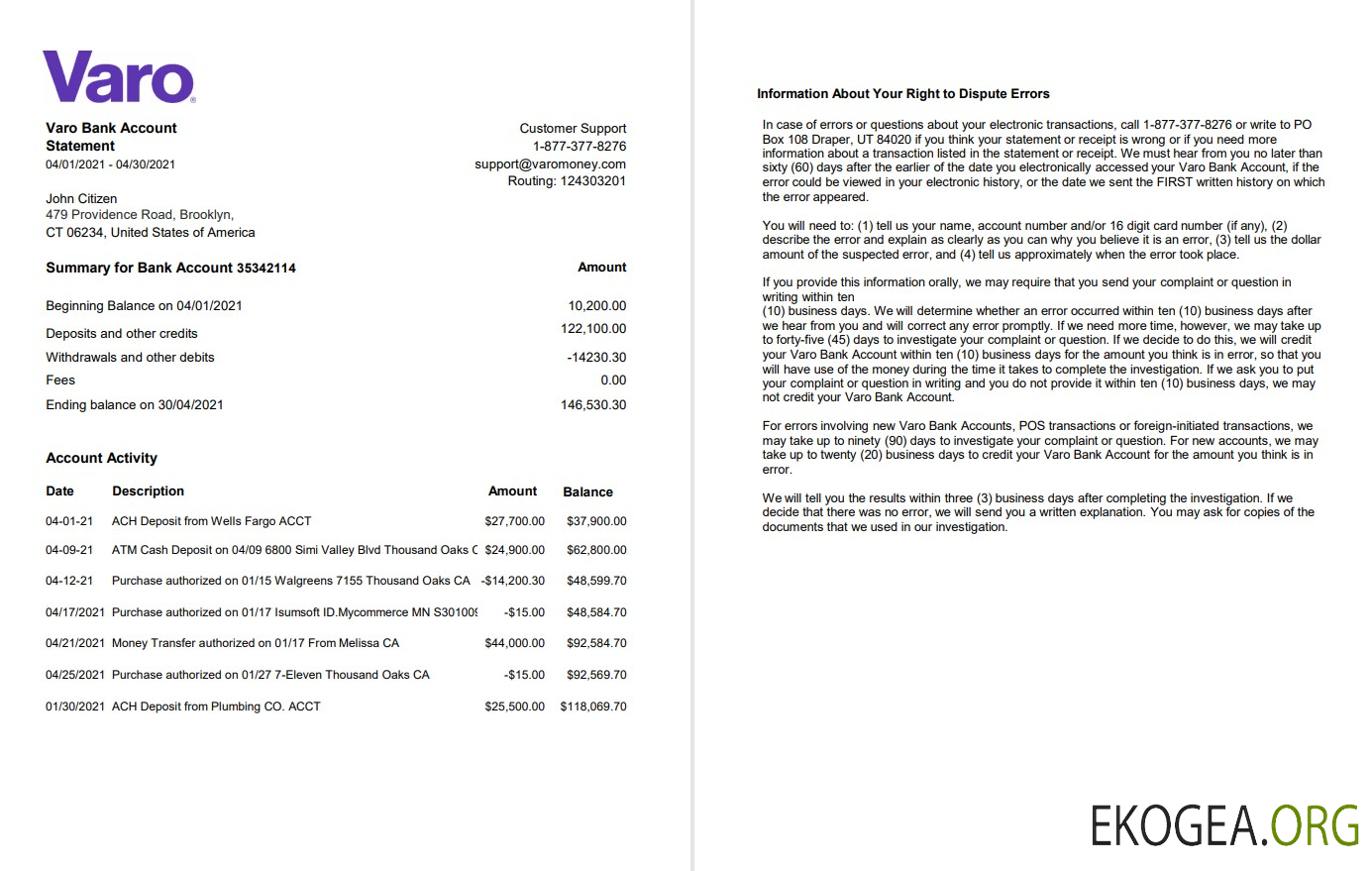 Modèle de relevé bancaire USA California Varo au format Excel et PDF (2 pages)